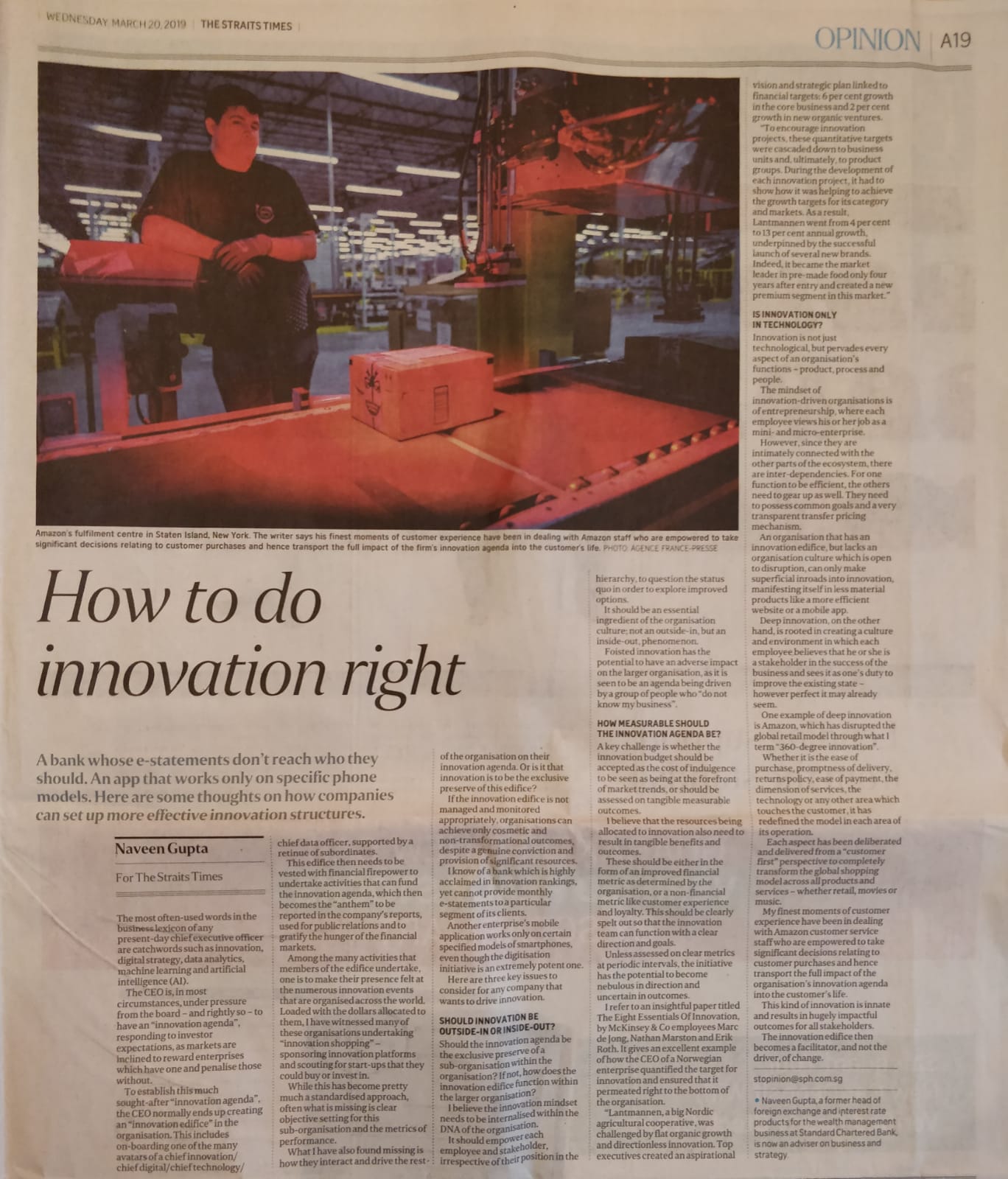 Newspaper clipping of “How to do innovation right” in The Straits Times, 20 March 2019
